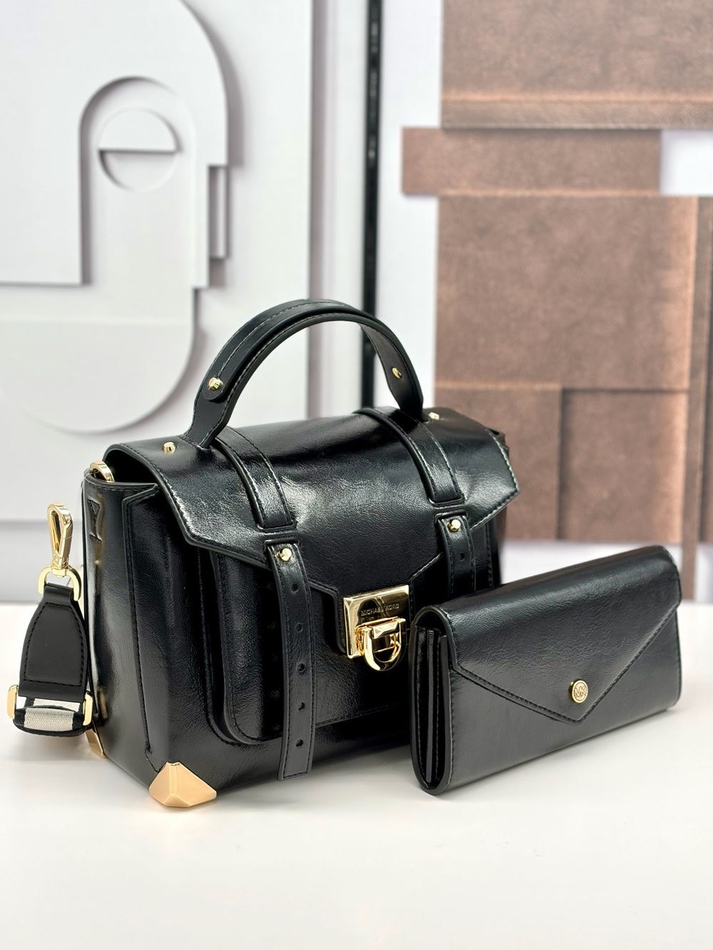 Michael Kors Manhattan Medium Satchel Shoulder Crossbody Bag + Wallet Black